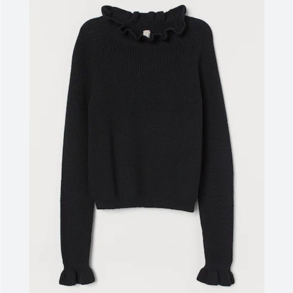H&M ruffle trim & neck long sleeve knit black sweater women's size Small - Picture 1 of 7